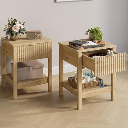 Fluted Night Stand with Golden Handle,Set of 2 Mid-Century Nightstands with Drawer, Bedside Table with Storage Shelf,Large End Tables for Livingroom,Bed Side Tables for Bedroom, Natrual Oak
