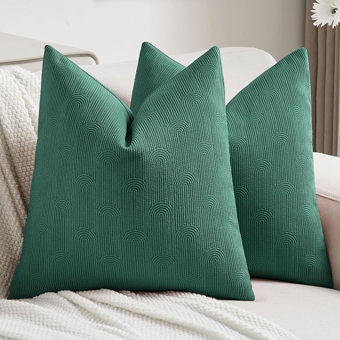 FUTEI Teal Chenille Decorative Throw Pillow Covers 18x18 Inch Set of 2,Soft Cozy Striped Geometric Patterns Cushion Cases,Modern Home Decor for Couch Bed Living Room