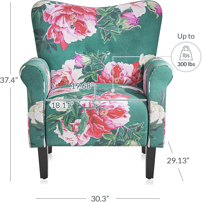 BELLEZE Modern Accent Chair, High Back Armchair, Upholstered Wingback Side Chair, Padded Single Sofa with Wooden Legs for Living Room, Bedroom - Green & Flower