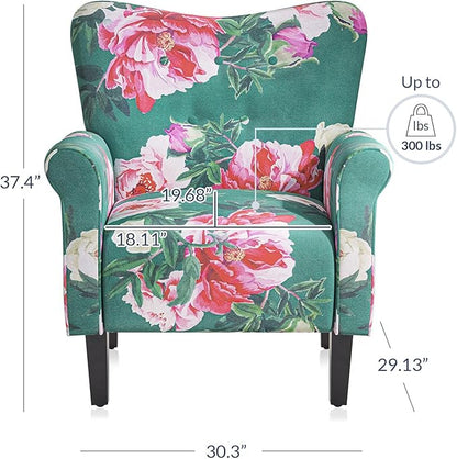 BELLEZE Modern Accent Chair, High Back Armchair, Upholstered Wingback Side Chair, Padded Single Sofa with Wooden Legs for Living Room, Bedroom - Green & Flower