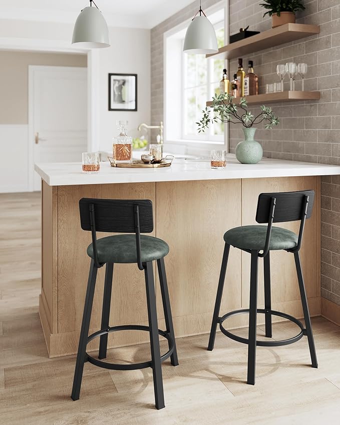 VASAGLE Bar Stools, Set of 2 PU Upholstered Breakfast Stools, 29.7-Inch Barstools with Back and Footrest, Simple Assembly, for Dining Room Kitchen Counter, Classic Black and Forest Green ULBC059C01