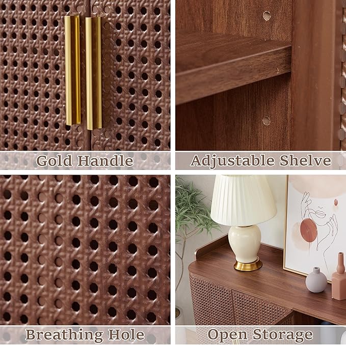 4 Doors Storage Cabinet, 2 Tier Wooden Storage Organizer Cabinet with Adjustable Shelf, Sideboard Buffet Cabinets with Iron Curved Doors Accent Shoe Rack for Entryway Hallway Living Room (Walnut)