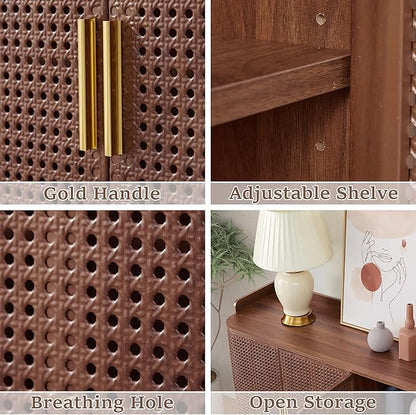 4 Doors Storage Cabinet, 2 Tier Wooden Storage Organizer Cabinet with Adjustable Shelf, Sideboard Buffet Cabinets with Iron Curved Doors Accent Shoe Rack for Entryway Hallway Living Room (Walnut)