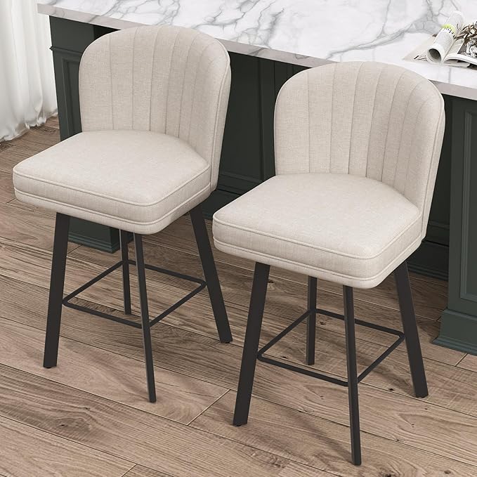 Swivel Counter Height Bar Stools Set of 3, 26'' Modern Barstools with Backs and Metal Legs, Upholstered Bar Chairs, Beige, Fabric Stools for Kitchen Island Chairs