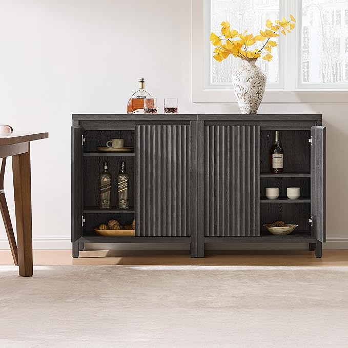 SICOTAS Sideboard Buffet Cabinet with Storage, Fluted Credenza Console Cabinet with Adjustable Shelves, Modern Coffee Bar Storage Cabinet for Kitchen, Living Room, Entryway, Black Oak, 3 PCS