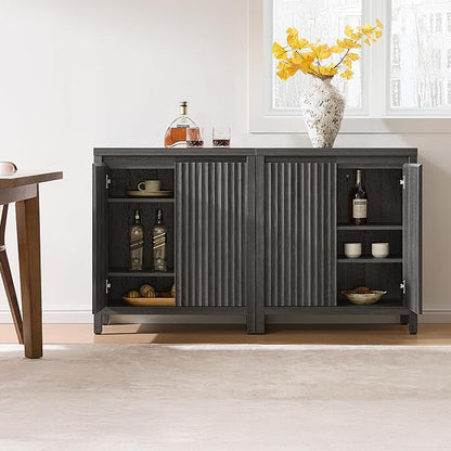 SICOTAS Sideboard Buffet Cabinet with Storage, Fluted Credenza Console Cabinet with Adjustable Shelves, Modern Coffee Bar Storage Cabinet for Kitchen, Living Room, Entryway, Black Oak, 3 PCS