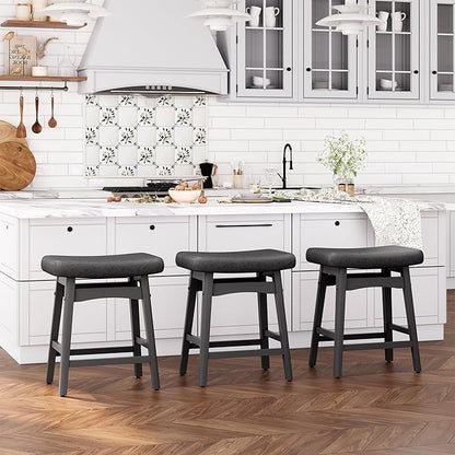 ALPHA HOME Bar Stools Set of 3, Solid Wood Saddle Kitchen Stools with Black PU Leather Cushion Counter Height Barstools with Wooden Base for Kitchen Dining Cafe, 24 Inch, Black, 3PCS