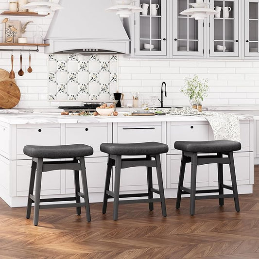ALPHA HOME Bar Stools Set of 3, Solid Wood Saddle Kitchen Stools with Black PU Leather Cushion Counter Height Barstools with Wooden Base for Kitchen Dining Cafe, 24 Inch, Black, 3PCS