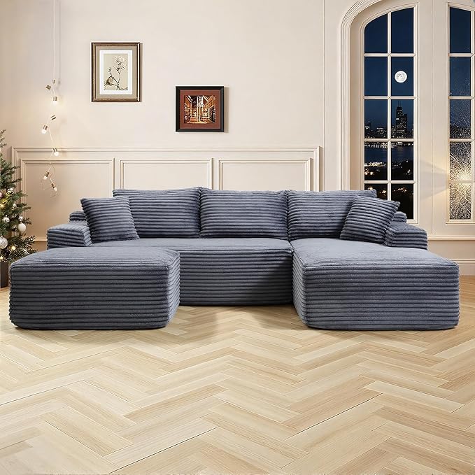 108 Inch Cloud Sectional Couch,Modern Modular Sectional Sofa with Deep Seat,Corduroy Boneless Couches with L-Shape Chaise for Living Room,No Assembly Required (Grey, Left Facing Chaise + Ottoman)