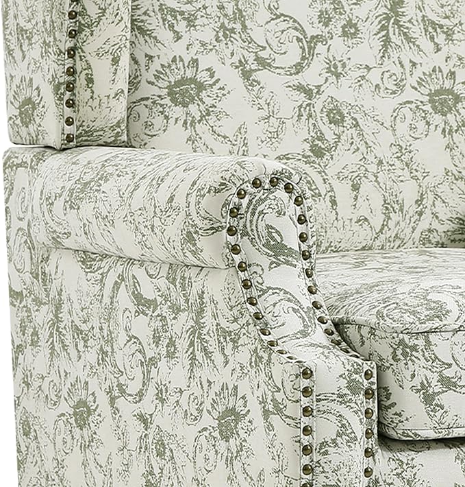UIXE High Back Accent Chair, Fabric Upholstered Armchair for Living Room, Floral Printed Wingback Arm Chair with Solid Wood Legs, Retro Nailhead Trim Single Sofa Bedroom Reading Seat - Rococo Green