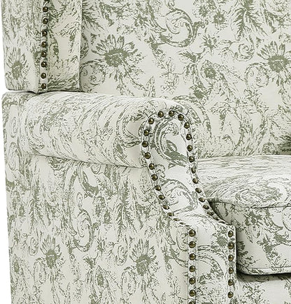 UIXE High Back Accent Chair, Fabric Upholstered Armchair for Living Room, Floral Printed Wingback Arm Chair with Solid Wood Legs, Retro Nailhead Trim Single Sofa Bedroom Reading Seat - Rococo Green