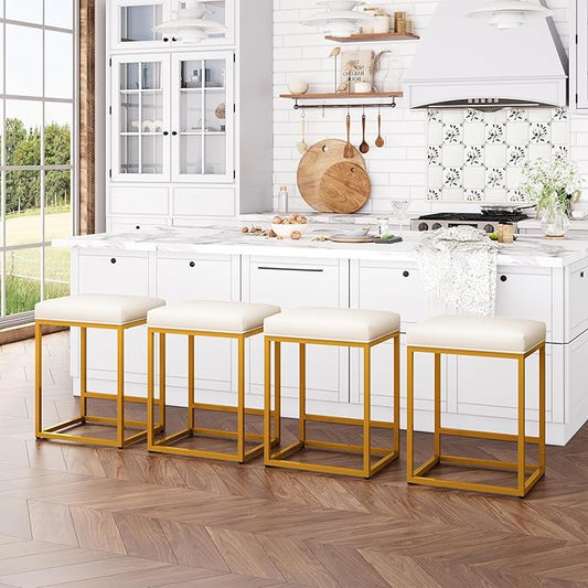 ALPHA HOME 24 Inch Counter Height Bar Stools Set of 4, Upholstered Bar Stools for Kitchen Island, Counter Stools with Faux Leather Cushion and Sturdy Metal Frame, Modern Barstools, White and Gold
