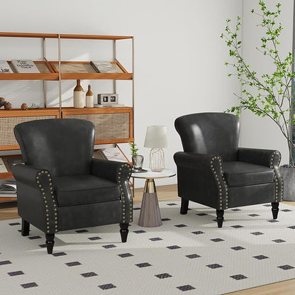 Accent Chair, Mid Century Modern Faux Leather Arm Chair with Wood Leg for Living Room, Bedroom, Comfy PU Leather Club Reading Chairs with Wingback & Nailhead Trim (Leather Black Grey, Set of 1)
