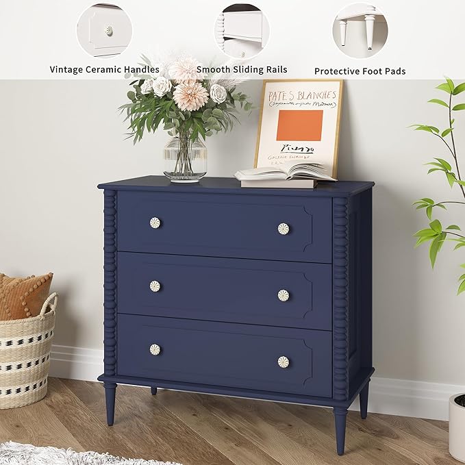 3 Drawer Dresser, 32 inch Wide Dresser for Bedroom, Modern Wood Chest of Drawers, Turned Legs Nightstand with 3 Drawers for Dorms, Hallway, Entryway (Blue)