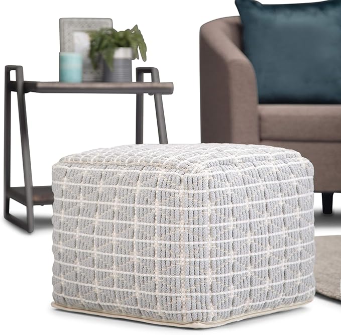 SIMPLIHOME Noreen Boho Square Pouf in Light Blue, White Handloom Woven Pattern for the Living Room, Bedroom and Kids Room