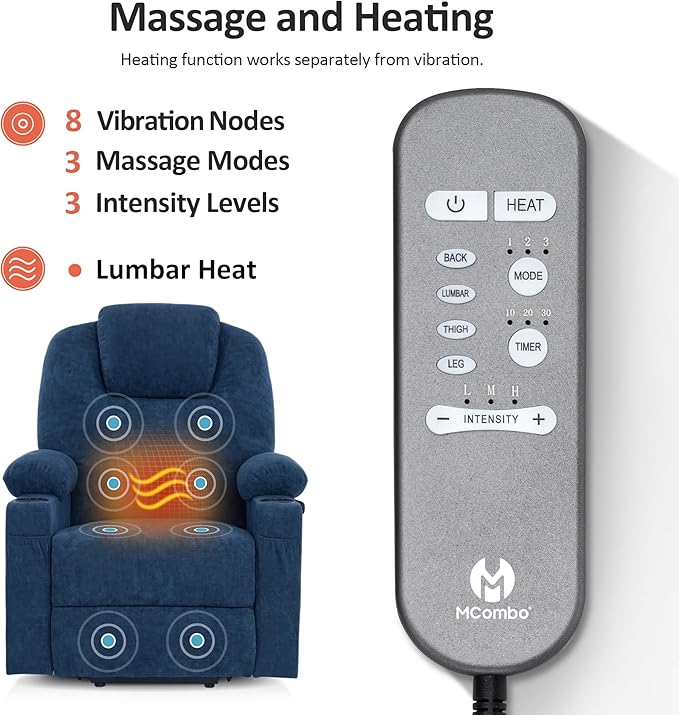 MCombo Power Lift Recliner Chair for Elderly, Lift Chair with Heat and Massage for Tall People, USB&Type C Ports, Extended Footrest, Cup Holders, Fabric 7516(Large,Admiral)