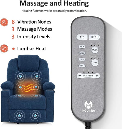 MCombo Power Lift Recliner Chair for Elderly, Lift Chair with Heat and Massage for Tall People, USB&Type C Ports, Extended Footrest, Cup Holders, Fabric 7516(Large,Admiral)