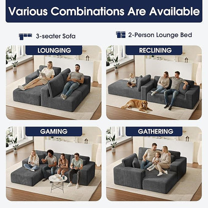 KINGYES 107'' Modular Sectional Sofa, L Shaped Cloud Couch for Living Room, Modern Plush Corduroy Boneless Sofa with Chaise for Bedroom, Gray