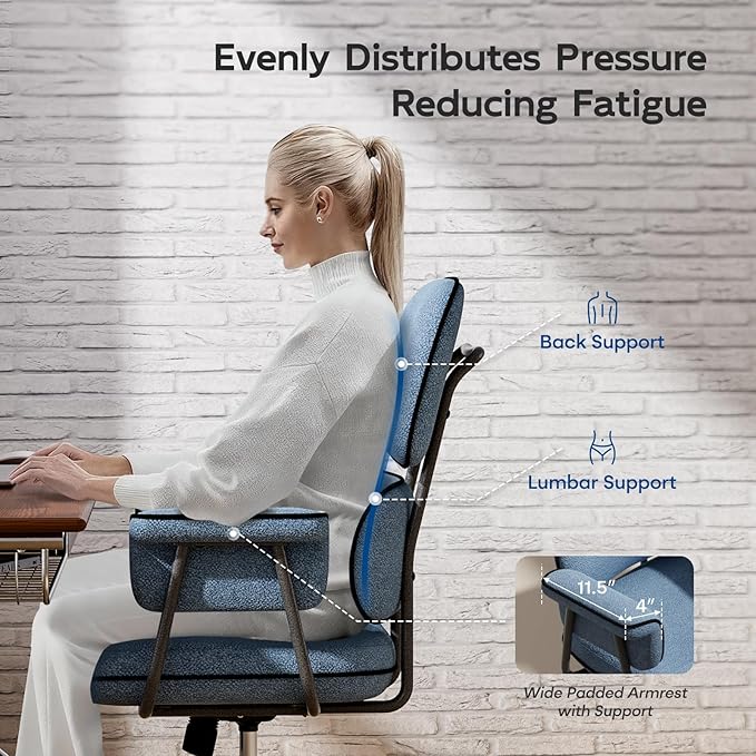 Blue Desk Chair with Wheels and Wide Arms, Soft Granular Linen Fabric Office Chair, Mid Back Vintage Comfy Home Office Desk Chairs with Molded Cotton Seat Cushion, Adjustable Height