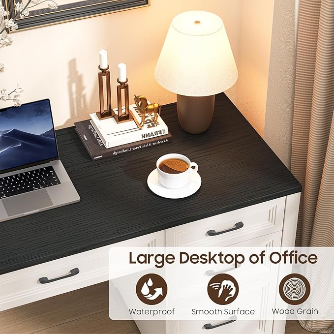 Farmhouse Executive Desk, Wood Home Office Desk with 2 Large File Drawers and 5 Storage Cabinets, Rustic Writing Desk for Work and Study, Black