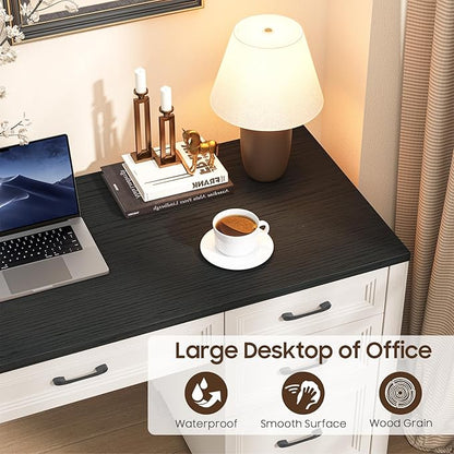 Farmhouse Executive Desk, Wood Home Office Desk with 2 Large File Drawers and 5 Storage Cabinets, Rustic Writing Desk for Work and Study, Black