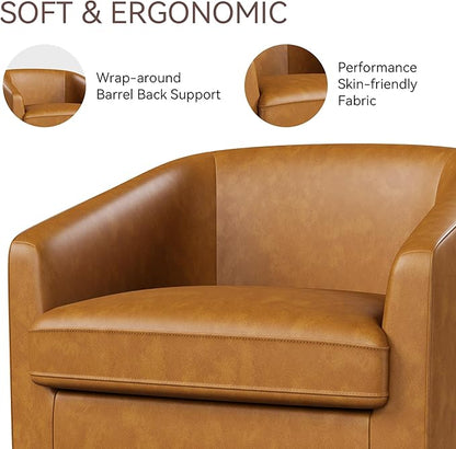 Swivel Barrel Accent Chair, Round Faux Leather Living Room Arm Chairs, Modern Upholstered Comfty Reading Nook Chairs for Bedroom, Small Club Armchair, Single Sofa Side Chair, Brown