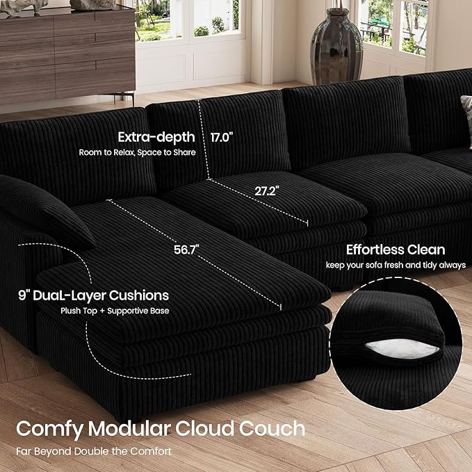 Belffin Large Modular Sectional Sofa with Deep Chaise, Corduroy U Shaped Couch with 9" Soft Dual-Layer 7 Seats Cushion for Living Room, Apartment, Black