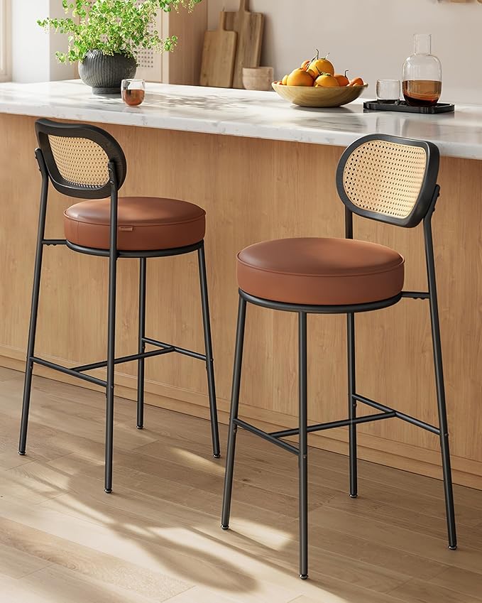 VASAGLE Bar Stools Set of 2, Bar Height Stools with Rattan Back and Metal Legs, 30.1-Inch Tall Counter Chairs, Modern Leather Upholstered Barstools for Kitchen Island Dining Room, Caramel Brown