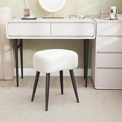 White Vanity Stool, Soft Makeup Stool with Solid Metal Legs for Vanity Corner, Morden Footrest Easy to Assembly