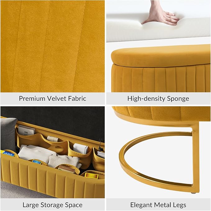 EcoHarbor Living 55.5" Storage Bench Ottoman End of Bed Bench Bedroom Bench, Upholstered Velvet Long Window Bench Large King Size with Gold Legs, Flipping Lid Entryway Footrest