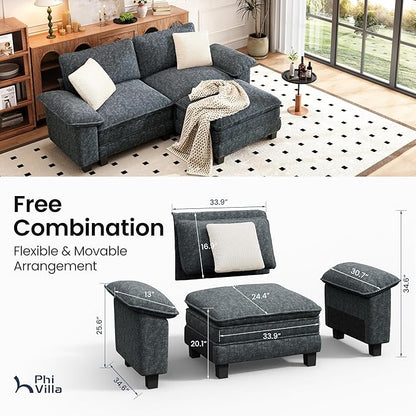 PHI VILLA Cloud Modular Couches Sets, 87.5" Sectional Loveseat Sofa with 1 Movable Ottoman, 3-Seater Comfy Couches for Living Room Apartment, Chenille Fabric, Dark Cyan