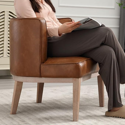 Arm Accent Chair Barrel Accent Chair with Wood Legs, Brown Leather Comfy Barrel Round Side Chair Upholstered Reading Chairs with Back for Living Room Bedroom Living Room Chair, Brown