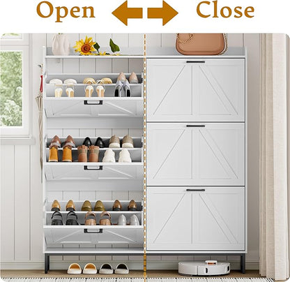 Shoe Cabinet Storage for Entryway, Shoe Storage Cabinet with 6 Flip Drawers, Freestanding Narrow Shoe Rack Organizer with Metal Legs, Adjustable Shelves & Open Storage for Foyer, Hallway, White