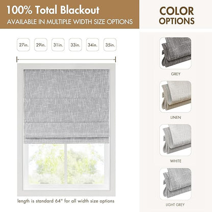 Madison Park Cordless Roman Shades, Total Blackout Window Blind Privacy Window Shades, Thermal Insulated Cordless Window Treatment for Bedroom, Living Room, Quincy, Single Panel 33"W x 64"H Light Grey