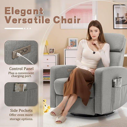 Power Swivel Recliner Chairs for Adults, Electric Glider Rocking Chair Nursery, Glider Recliner Nursery Chair with Classified Side Pocket, Nursery Rocking Chairs with USB and Type-C Ports