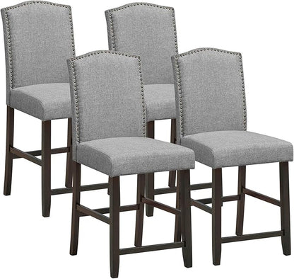 COSTWAY Bar Stools Set of 4, 25'' Upholstered Counter Height Bar Stools with S-Shaped Spring Thick Cushion, Rubber Wood Legs, High Back Leisure Chairs for Living, Kitchen, Dining Room (Grey, 4)
