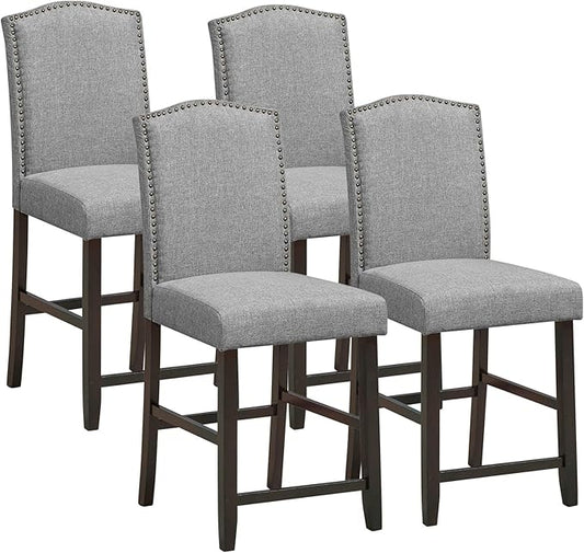 COSTWAY Bar Stools Set of 4, 25'' Upholstered Counter Height Bar Stools with S-Shaped Spring Thick Cushion, Rubber Wood Legs, High Back Leisure Chairs for Living, Kitchen, Dining Room (Grey, 4)