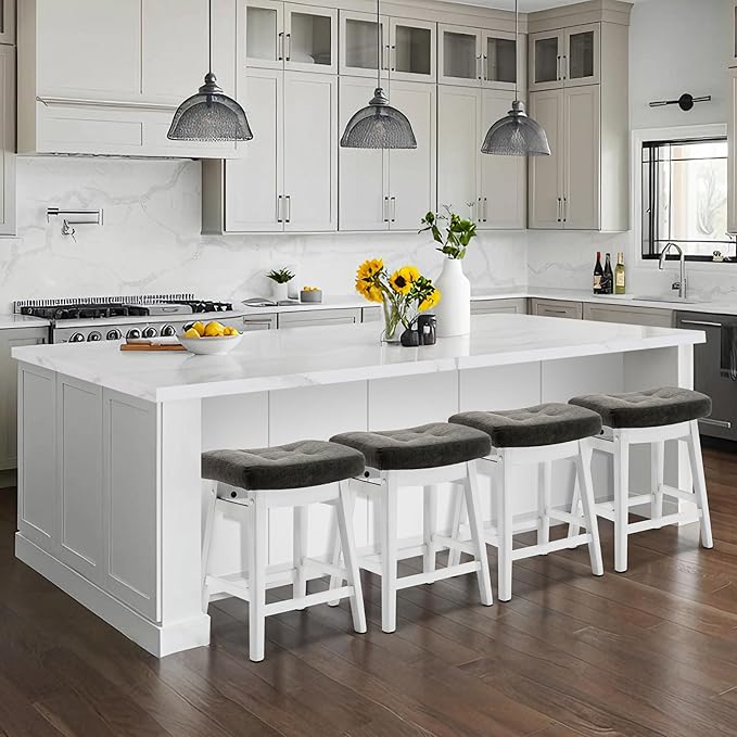 Counter Height Bar Stools Set of 2 for Kitchen Counter Farmhouse Modern Barstools with Faux Leather Upholstered Backless Seat and Solid Wood Legs 24 inch Bar Chairs, Grey + White