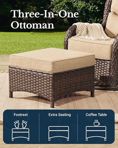 HILLGA Luxury Patio Furniture Set with 6-inch Thick Cushion, Outdoor High Back Swivel Rocker Patio Chairs, 5PCS Wicker Conversation Set for Deck Yard and Poolside, Beige (V2)