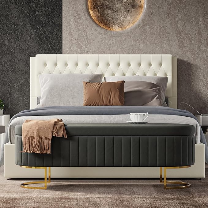 EcoHarbor Living 55.5" Storage Bench Ottoman End of Bed Bench Bedroom Bench, Upholstered Velvet Long Window Bench Large King Size with Gold Legs, Flipping Lid Entryway Footrest (Grey)