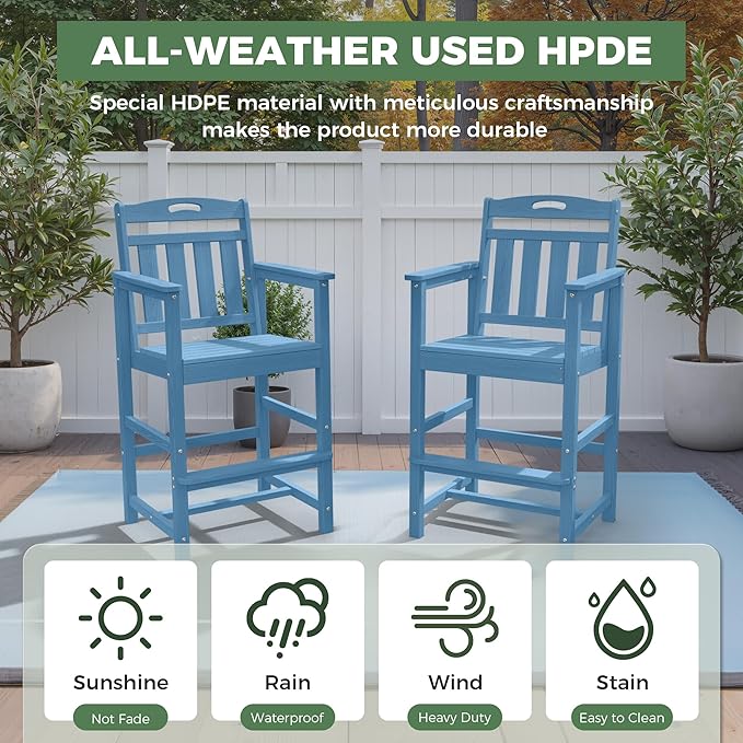 Outdoor Patio Bar Height Chair, All-Weather HDPE Tall Balcony Adirondack Stools for Bistro, Garden, Backyard, Deck | Blue