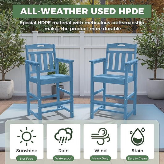 Outdoor Patio Bar Height Chair, All-Weather HDPE Tall Balcony Adirondack Stools for Bistro, Garden, Backyard, Deck | Blue