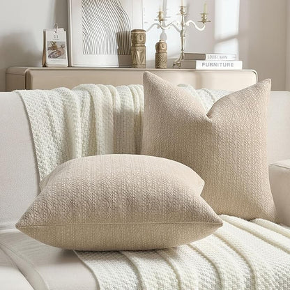 FUTEI Oatmeal Chenille Throw Pillow Covers 22x22 Inch Set of 2,Soft Striped & Diamond Textured Cushion Cases,Modern Home Decor for Couch Living Room