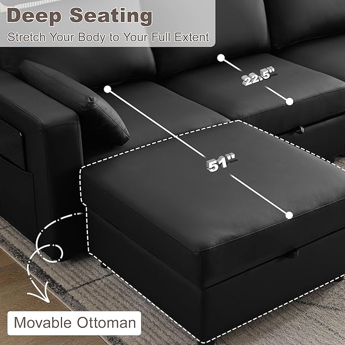 98.2" Modular Sectional Storage Couch, Oversized Faux Leather L Shaped Couch, Modern Cloud Upholstered Sofa with Headrest & Side Pocket, Sectional Sofa for Living Room Apartment Small Spaces, Black
