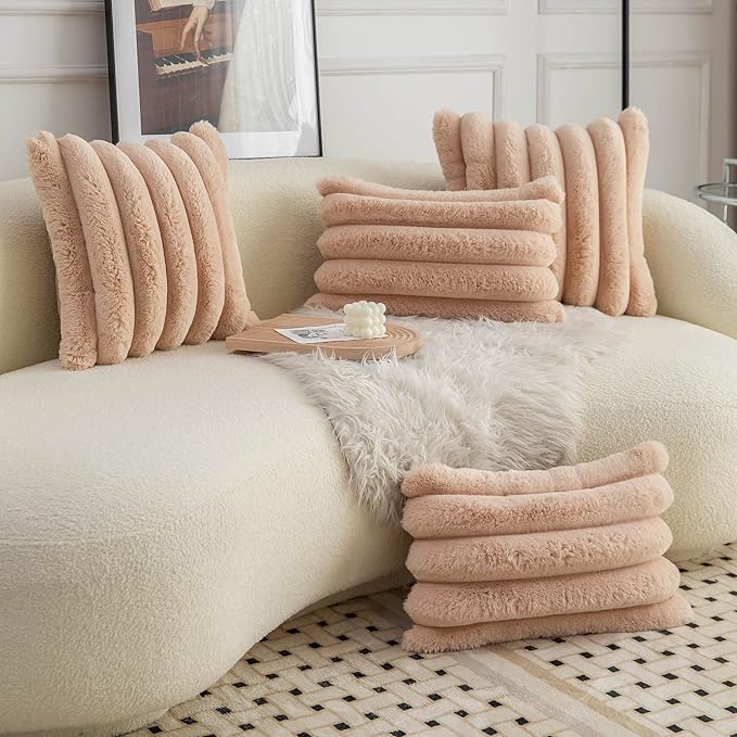 Neelvin Camel Faux Fur Cozy Soft Striped Decorative Throw Pillow Covers 20x20 inch Set of 2,Velvet Pillowcase Cushion Case for Sofa Couch