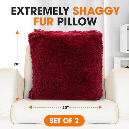 Cheer Collection Throw Pillows for Couch and Bed, Soft Shaggy Throw Pillows with Inserts Included, Cozy Long Hair Faux Fur Pillows - Set of 2-18" x 18" - Maroon