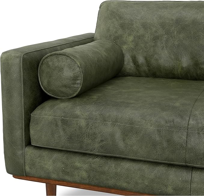 SIMPLIHOME Morrison 72-inch Wide Sofa in Moss Green Genuine Leather, Mid-Century Modern-Style Loveseat for Living Room, Single Bench Cushion, Removable Back Cushions, 2 Bolster Pillows