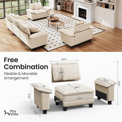 PHI VILLA Cloud Modular Couches Sets, 3 Pieces Sectional Sofa Set with Single Sofa, 5-Seater Upholstered Couch for Living Room Small Spaces, Chenille Corduroy Dual Fabric, Beige