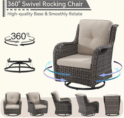 5 Piece Outdoor Patio Furniture Set Wicker Conversation Set Swivel Rocking Chairs with Side Table and Ottomans for Backyard, Porch, Deck, Beige