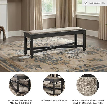 Signature Design by Ashley Tyler Creek Farmhouse Upholstered Dining Room Bench with Tapered Legs, Heavy Woven Fabric, Wood, 19.5" High Seat, Black & Gray